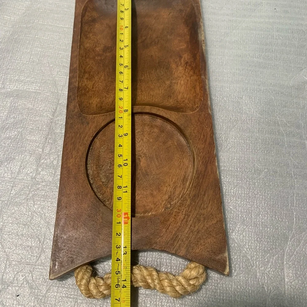 Vintage Wooden Snack Serving Tray w Rope Handles Dip Bowl Compartment Rustic MCM
